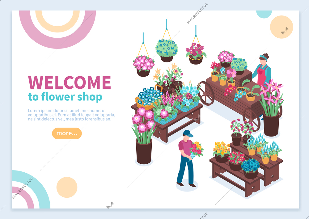 Isometric florist concept banner composition with editable text description read more button and flower selling stalls vector illustration