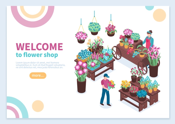 Isometric florist concept banner composition with editable text description read more button and flower selling stalls vector illustration