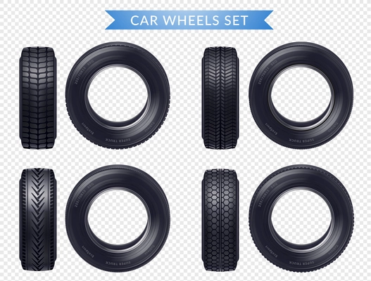 Set of realistic car tires with various tread profile and front view transparent background isolated vector illustration