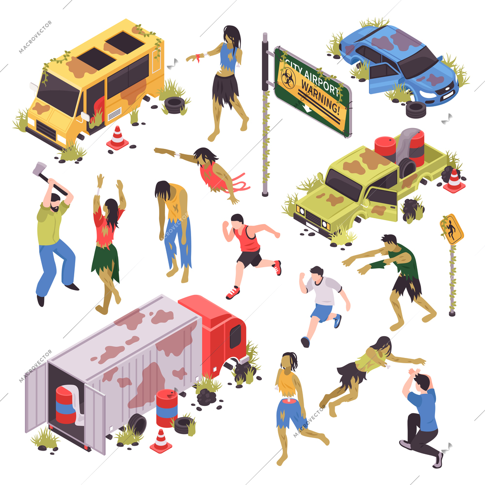 Isometric zombie apocalypse attack set with isolated human characters zombies with broken road signs and cars vector illustration