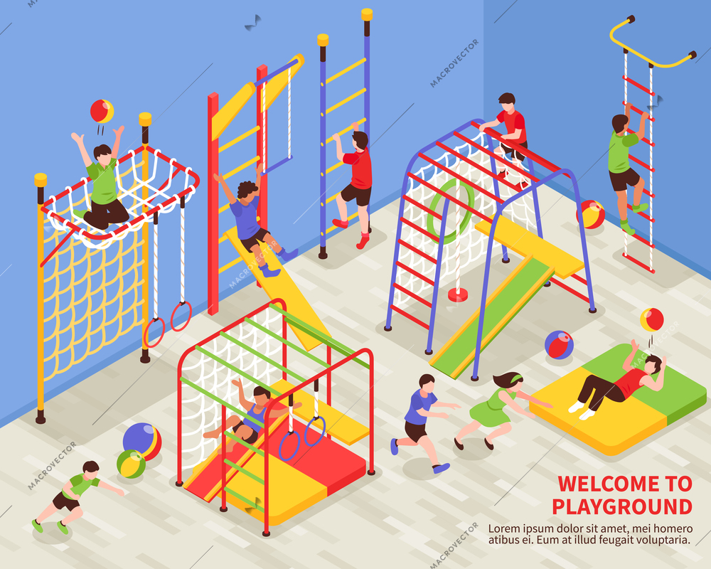 Children sport complex composition with indoor gymnastic area for kids with colourful climbing frames and text vector illustration