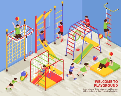 Children sport complex composition with indoor gymnastic area for kids with colourful climbing frames and text vector illustration