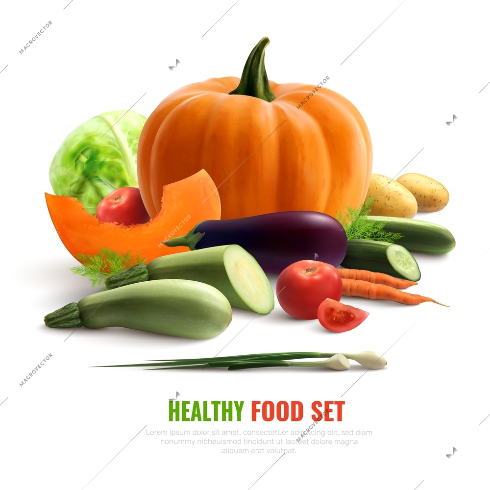 Healthy food set colorful composition with eggplant zucchini potato carrot cabbage pumpkin cucumber onion realistic vector illustration