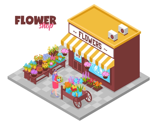 Isometric florist background with ornate text and view of outdoor shop selling different bouquets of flowers vector illustration