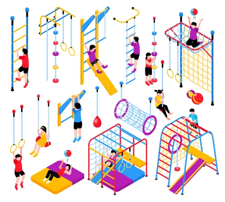 Isometric children home sport complex equipment set with isolated gymnastic apparatus elements and kids climbing frames vector illustration