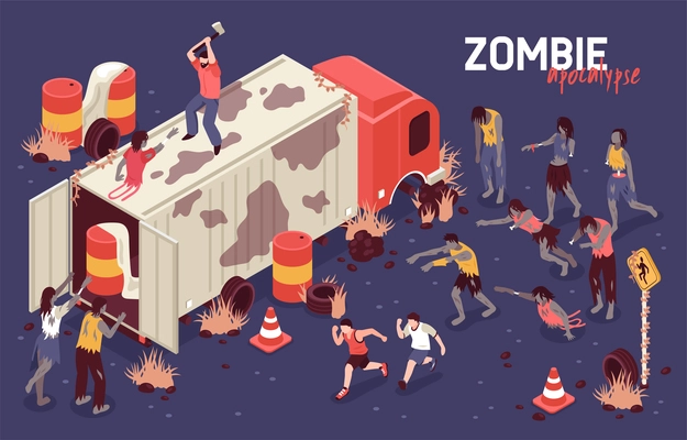 Isometric zombie apocalypse horizontal background composition with human character on truck fighting army of scary zombies vector illustration