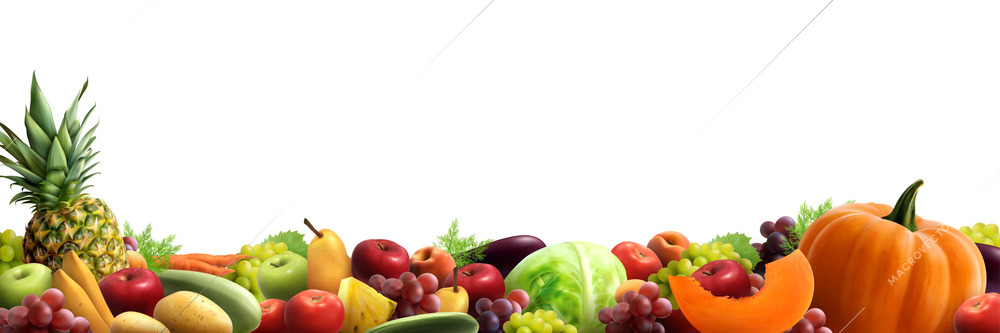 Fruits and vegetables stacked together in one  heap horizontal composition realistic vector illustration