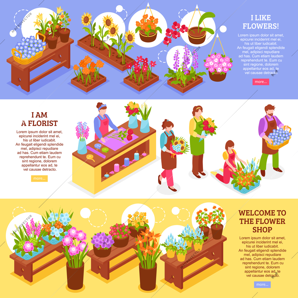 Set of three isometric florist banners with flower shop elements bough-pots seller characters and text vector illustration