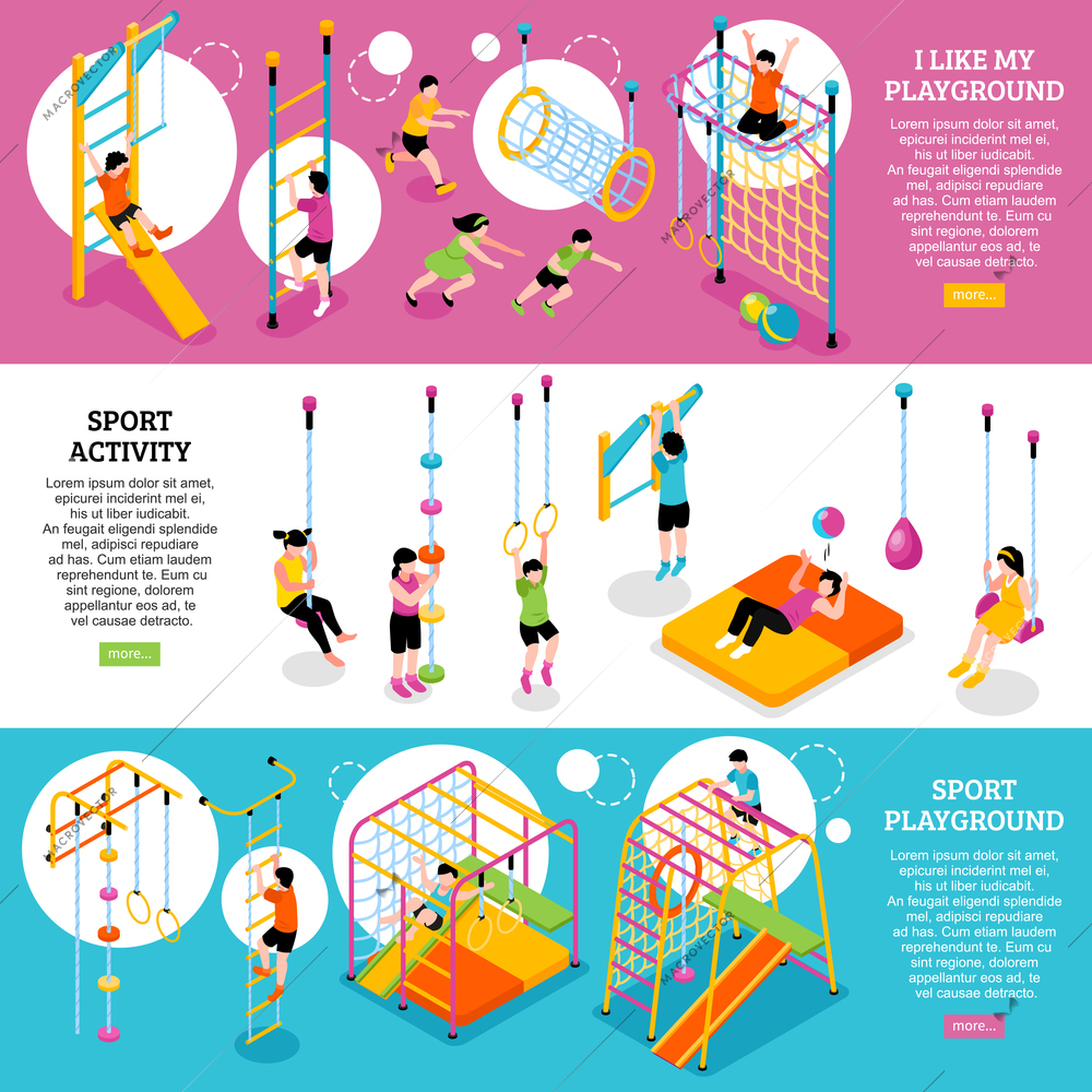 Set of three horizontal children sport complex banners with isometric images of climbing frames and kids vector illustration