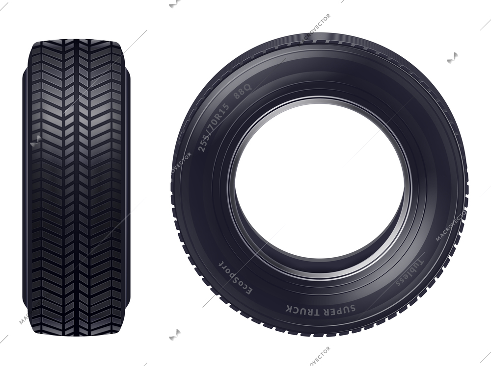 Set of realistic new car tires front and profile view isolated over white background vector illustration