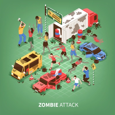 Isometric zombie apocalypse composition with text and images of strange zombies attacking people and broken cars vector illustration