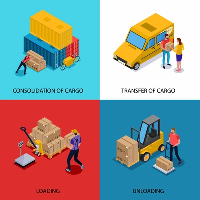 Isometric 2x2 design concept with consolidation loading unloading and delivery of cargoes isolated on colorful background 3d vector illustration