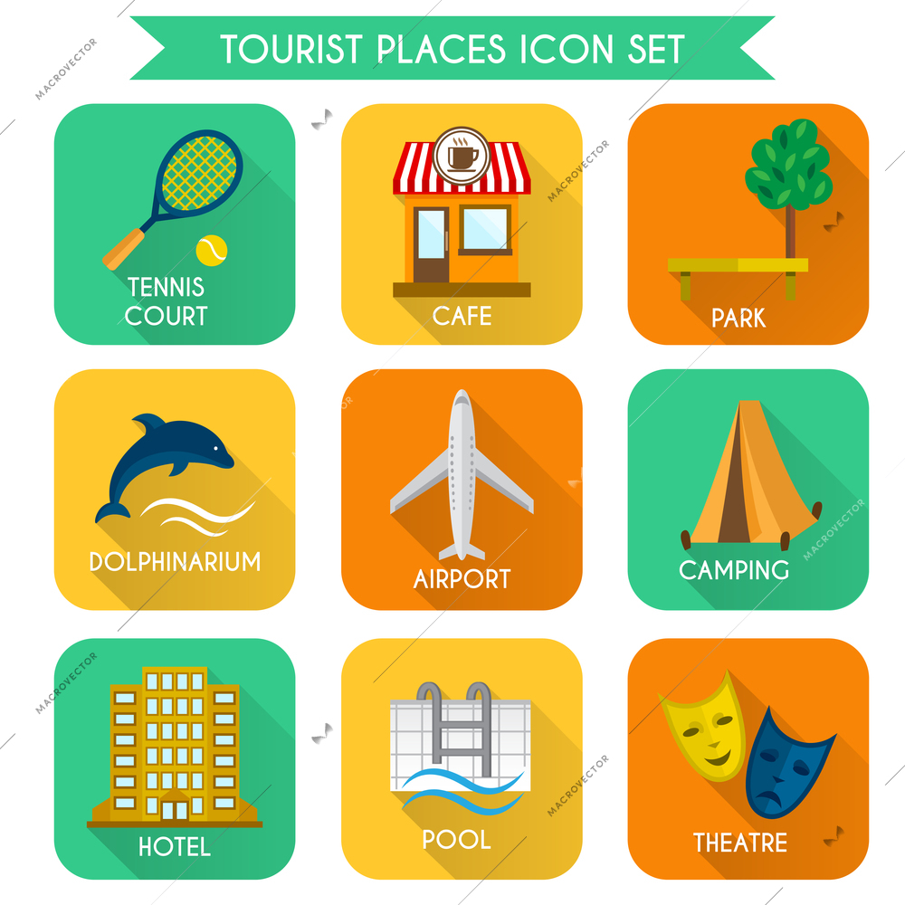 Tourist places decorative icons set of airport camping hotel isolated vector illustration