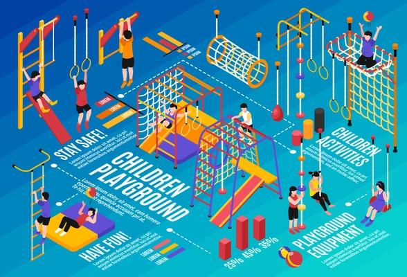 Children sport complex horizontal composition of isometric icons gymnastic apparatus images kids characters and text phrases vector illustration