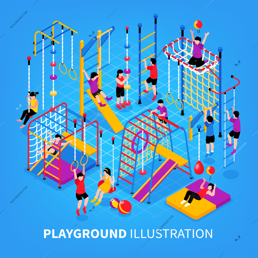 Children sport complex background composition with text and stationery gymnastic apparatus with kids performing sports exercises vector illustration