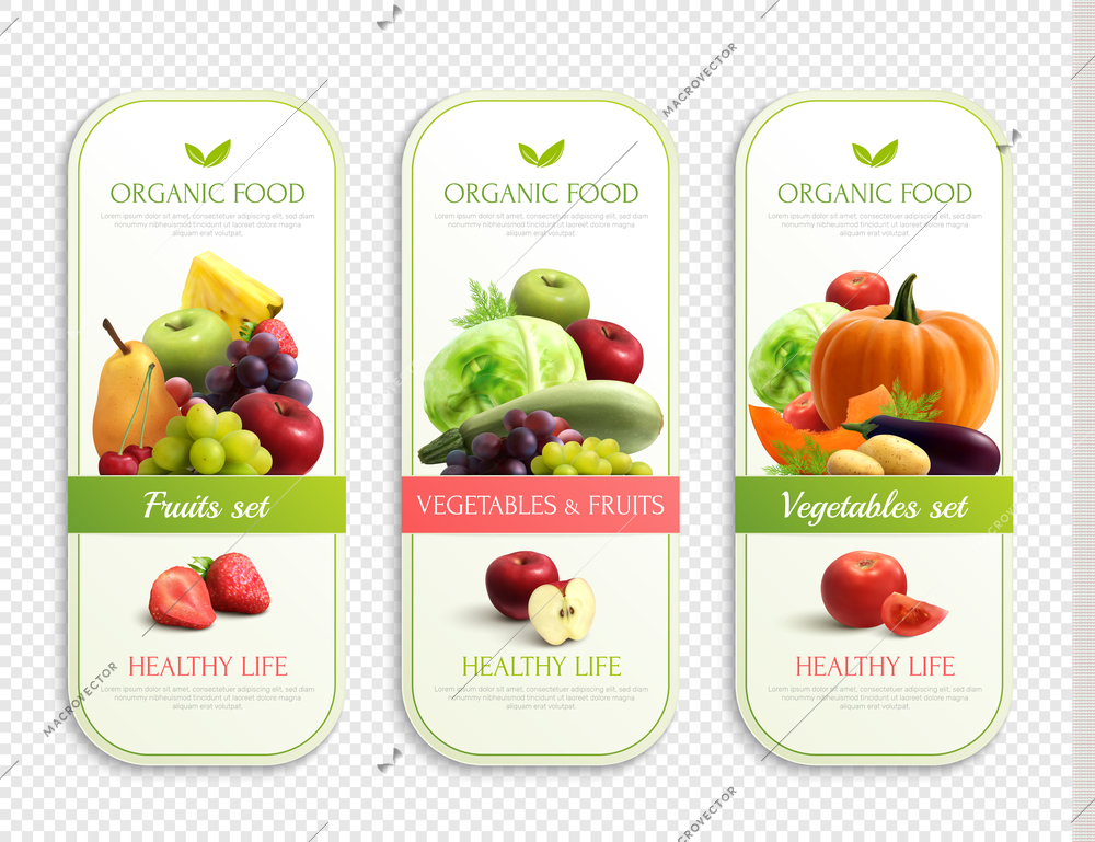 Three labels on theme of organic food for healthy life with fruits and vegetables set on transparent background realistic vector illustration