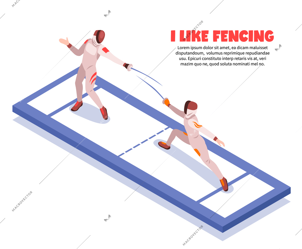 Isometric fencing background composition of fencing piste with two fighting swordsmen characters and editable text description vector illustration