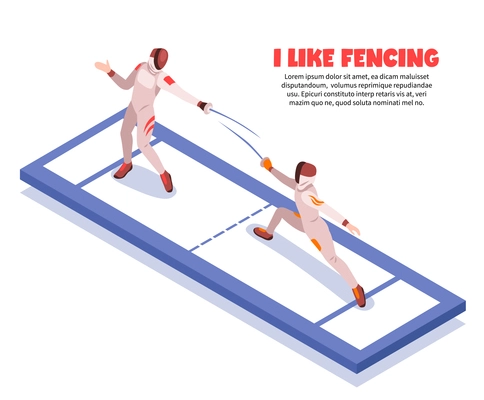 Isometric fencing background composition of fencing piste with two fighting swordsmen characters and editable text description vector illustration