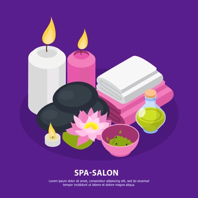 Accessories of spa salon for stone therapy and relaxation isometric composition on violet background vector illustration