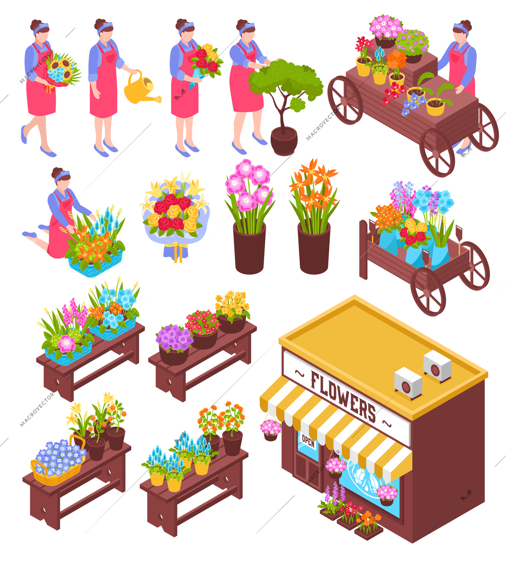 Isometric florist shop set of isolated pots and bouquets of flowers with human characters of sellers vector illustration