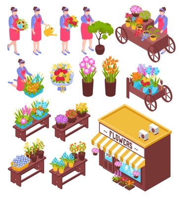 Isometric florist shop set of isolated pots and bouquets of flowers with human characters of sellers vector illustration