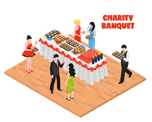 Isometric banquet composition with human characters of guests and waiter with table full of different food vector illustration