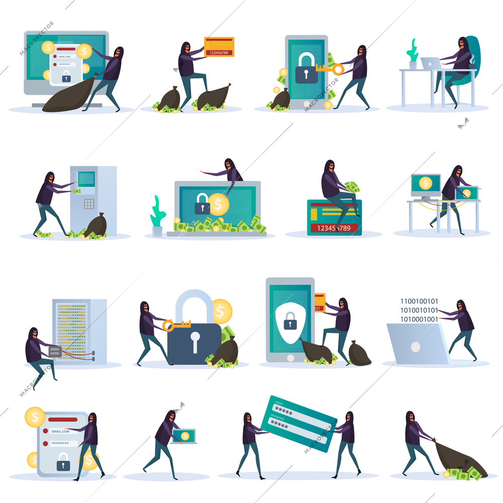 Cyber security set of flat icons electronic devices with data protection and hacker activity isolated vector illustration