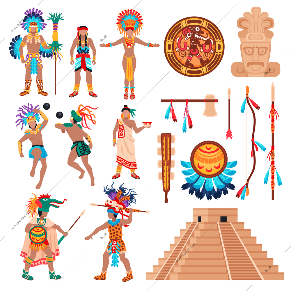 Maya civilization set of isolated ethnic items idols and human characters elements of american tribal culture vector illustration