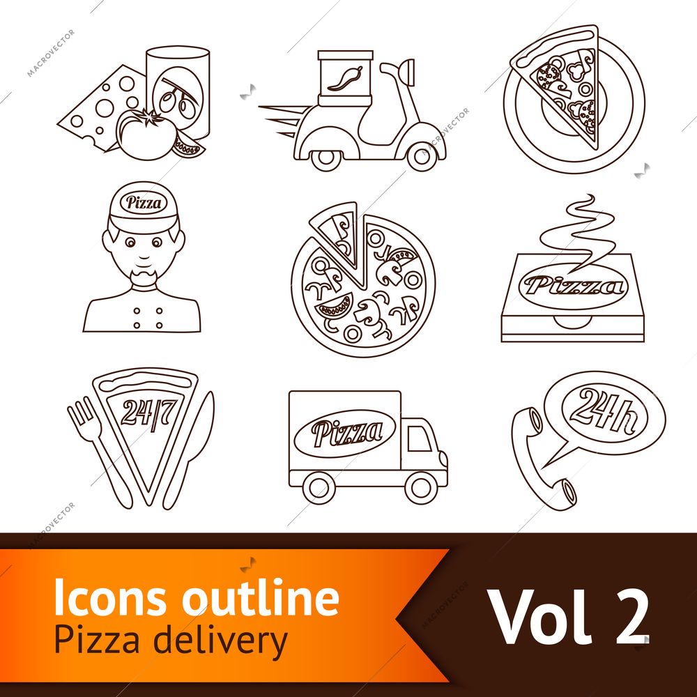 Fast food pizza delivery ingredients outline icons set isolated vector illustration