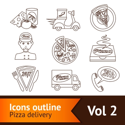 Fast food pizza delivery ingredients outline icons set isolated vector illustration