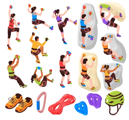 Isometric climbing wall collection of isolated icons and images of mountain climbers and pieces of equipment vector illustration