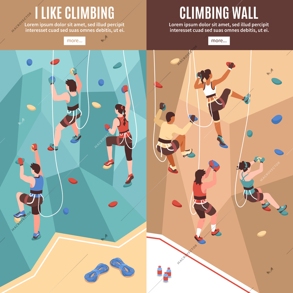 Isometric climbing wall banners set with read more buttons text and view of artificial rock walls vector illustration