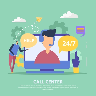 Operator of call center for client support in headset on computer screen green background flat vector illustration