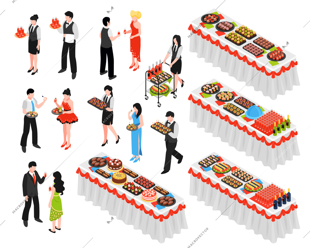 Isometric banquet reception dinner party set of isolated human characters and long tables with various dishes vector illustration