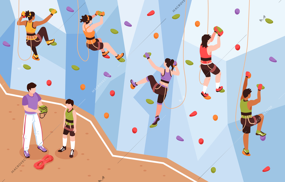 Isometric climbing wall composition with view of coach and mountain climbers climbing up artificial rock wall vector illustration