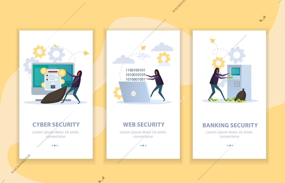 Set of flat vertical banners cyber security protection of internet resources and banking equipment isolated vector illustration