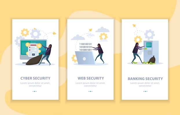 Set of flat vertical banners cyber security protection of internet resources and banking equipment isolated vector illustration