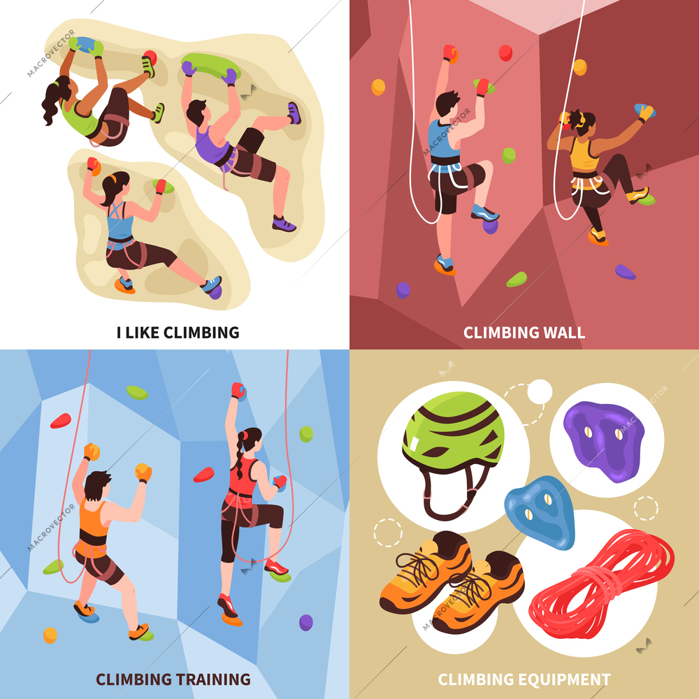 Isometric climbing wall design concept with four compositions of cragsmen on rock climbing walls with equipment vector illustration