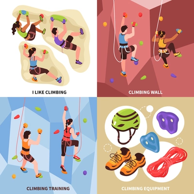 Isometric climbing wall design concept with four compositions of cragsmen on rock climbing walls with equipment vector illustration