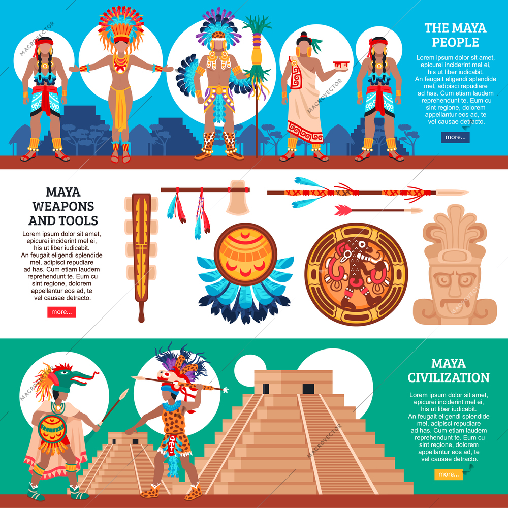 Set of three maya civilization horizontal banners with flat images of ecclesiastical canonicals totems and people vector illustration