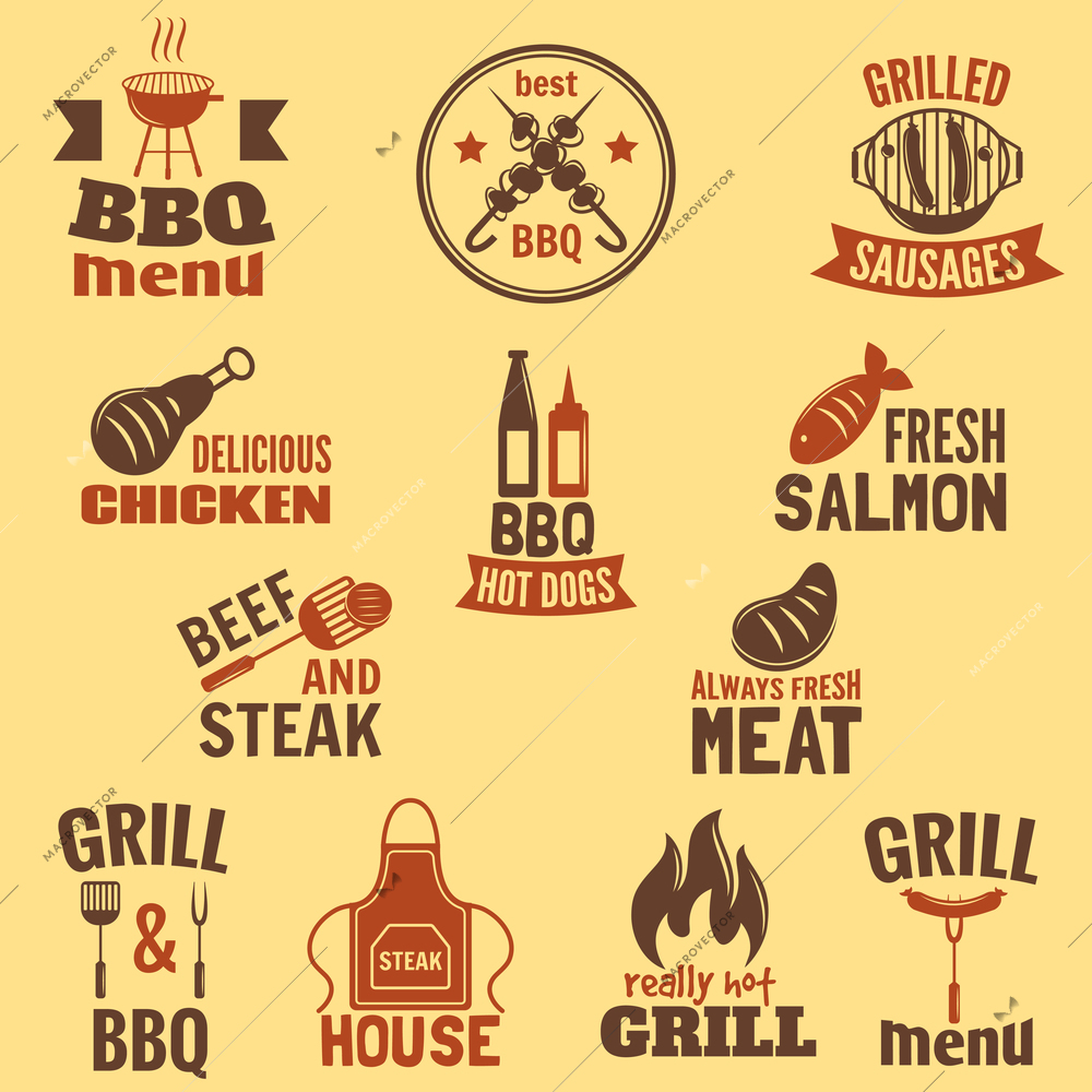 Bbq grill label best premium quality fish and meat barbeque set isolated vector illustration