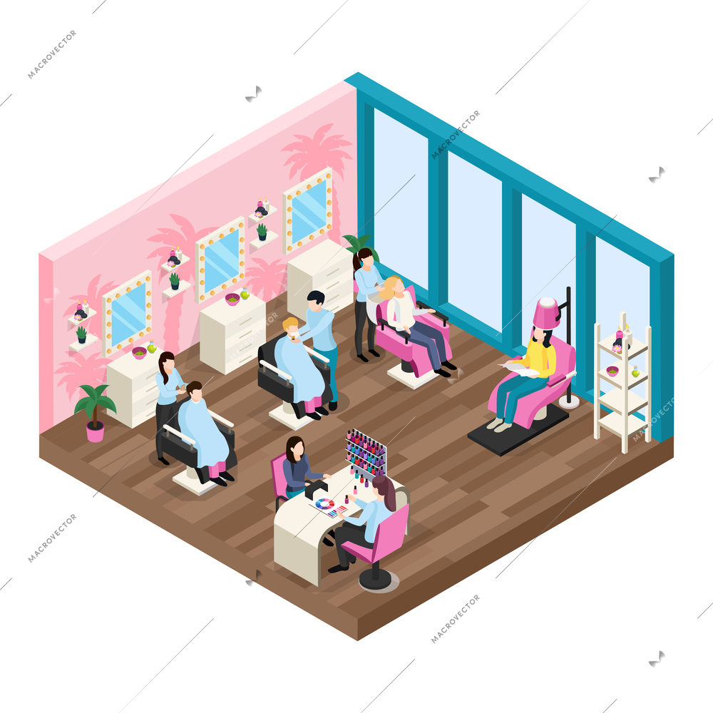 Beauty salon isometric composition with staff and customers hair dressing and manicure services vector illustration