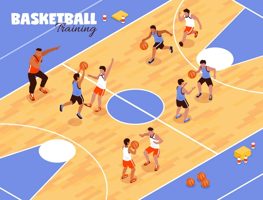 Isometric school sport kids team basketball background composition with view of basketball court and playing children vector illustration