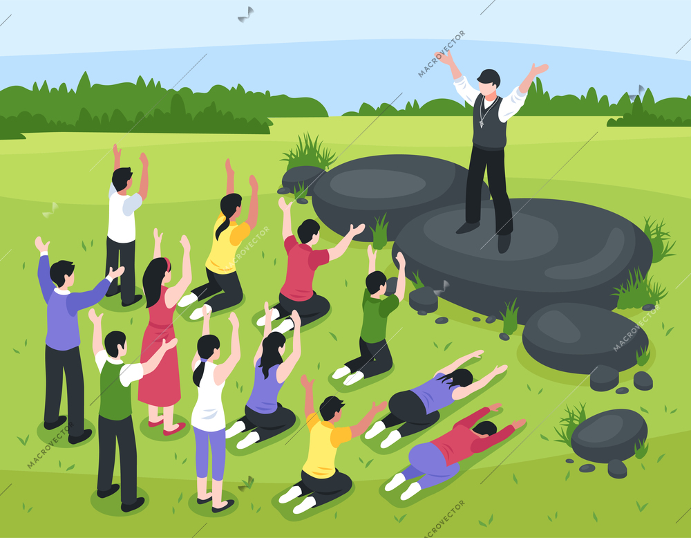 Isometric religious cult composition with outdoor landscape and group of people prostrating themselves before their leader vector illustration