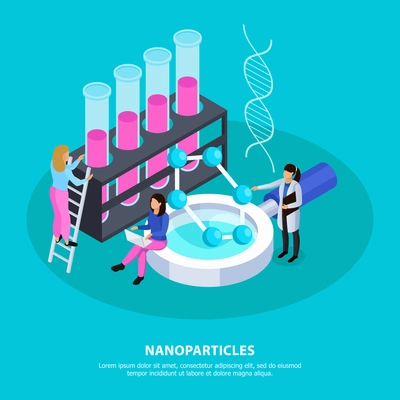 Scientists with computer and chemistry equipment during creation of nano particles on turquoise background  isometric vector illustration