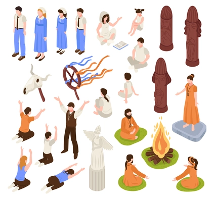 Isometric religious cult set with isolated human characters of prayers and prophets with ceremony items vector illustration