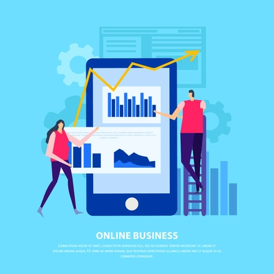 Human characters and data analysis of online business on mobile device screen blue background flat vector illustration