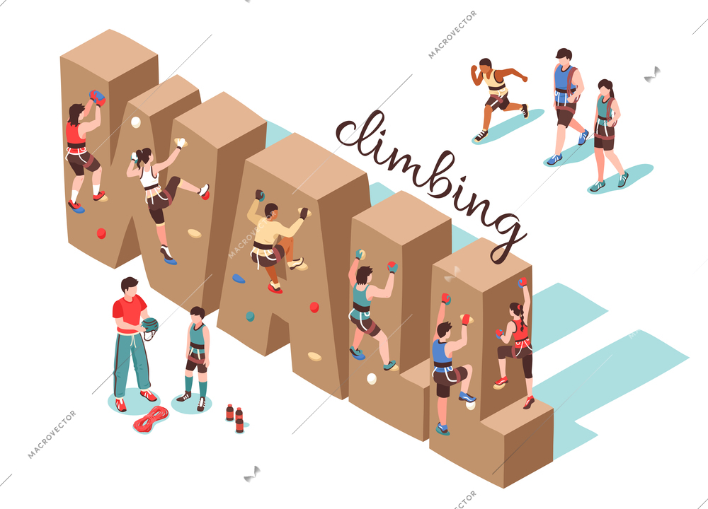 Isometric climbing wall horizontal background composition with text shaped rock walls and human characters of cragsmen vector illustration