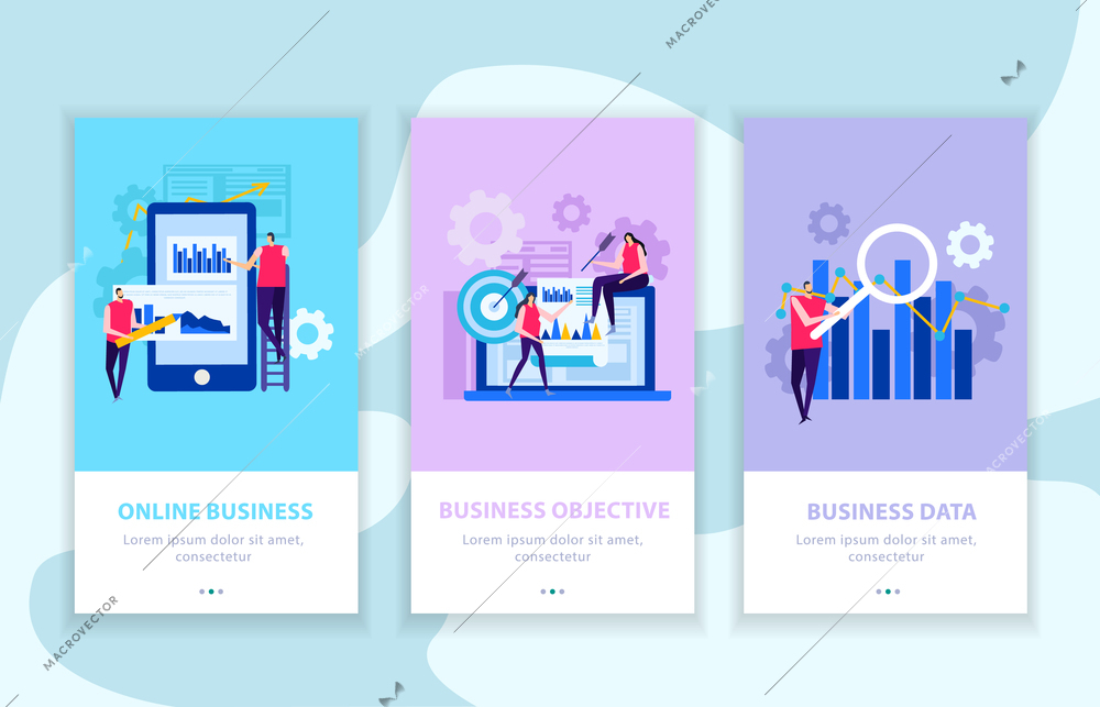 Data analysis of online business for achievement of objectives set of vertical flat banners isolated vector illustration