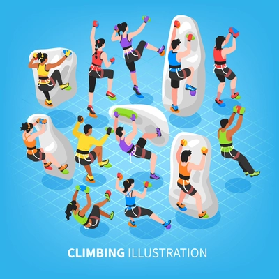 Isometric climbing wall background with set of human characters of mountain climbers equipped with mountaineering equipment vector illustration